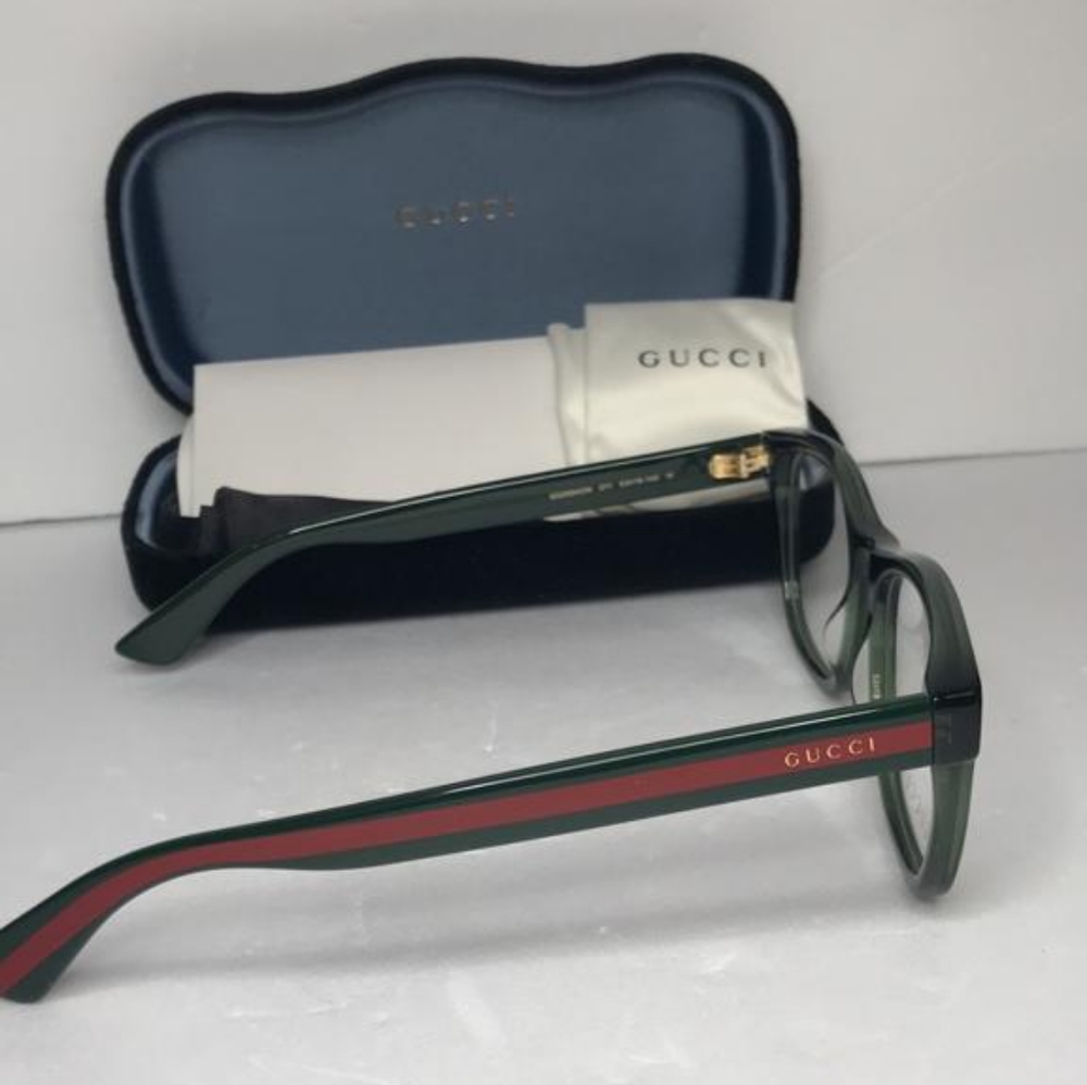 New - 💯 Original Gucci GG0004ON 011 Green with Red Stripe Square Men`s Eyeglas - Picture 10 of 13